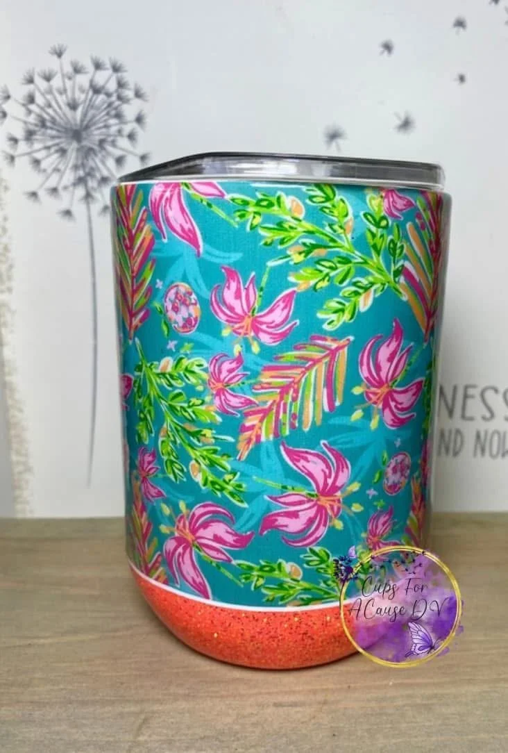 Tropical Floral with pink glitter 12 oz "wine"