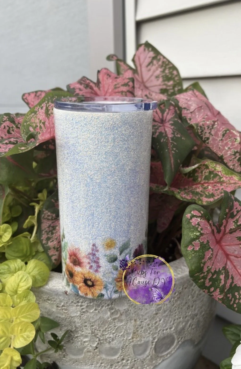 Fall sunflowers with flowers on white glitter 16 oz
