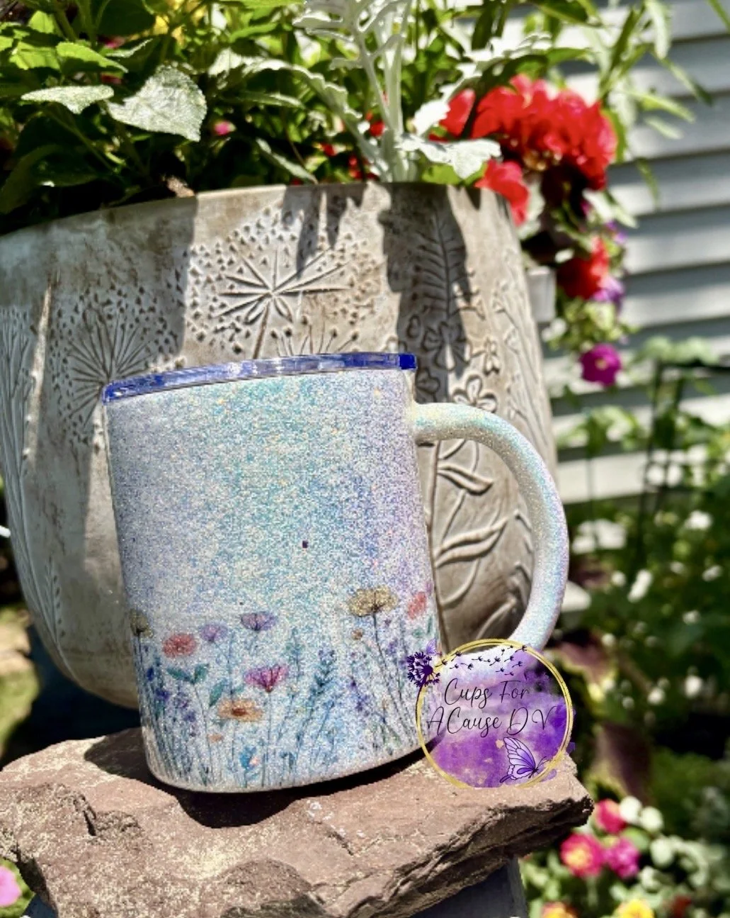 Pink yellow and purple tall flowers mug
