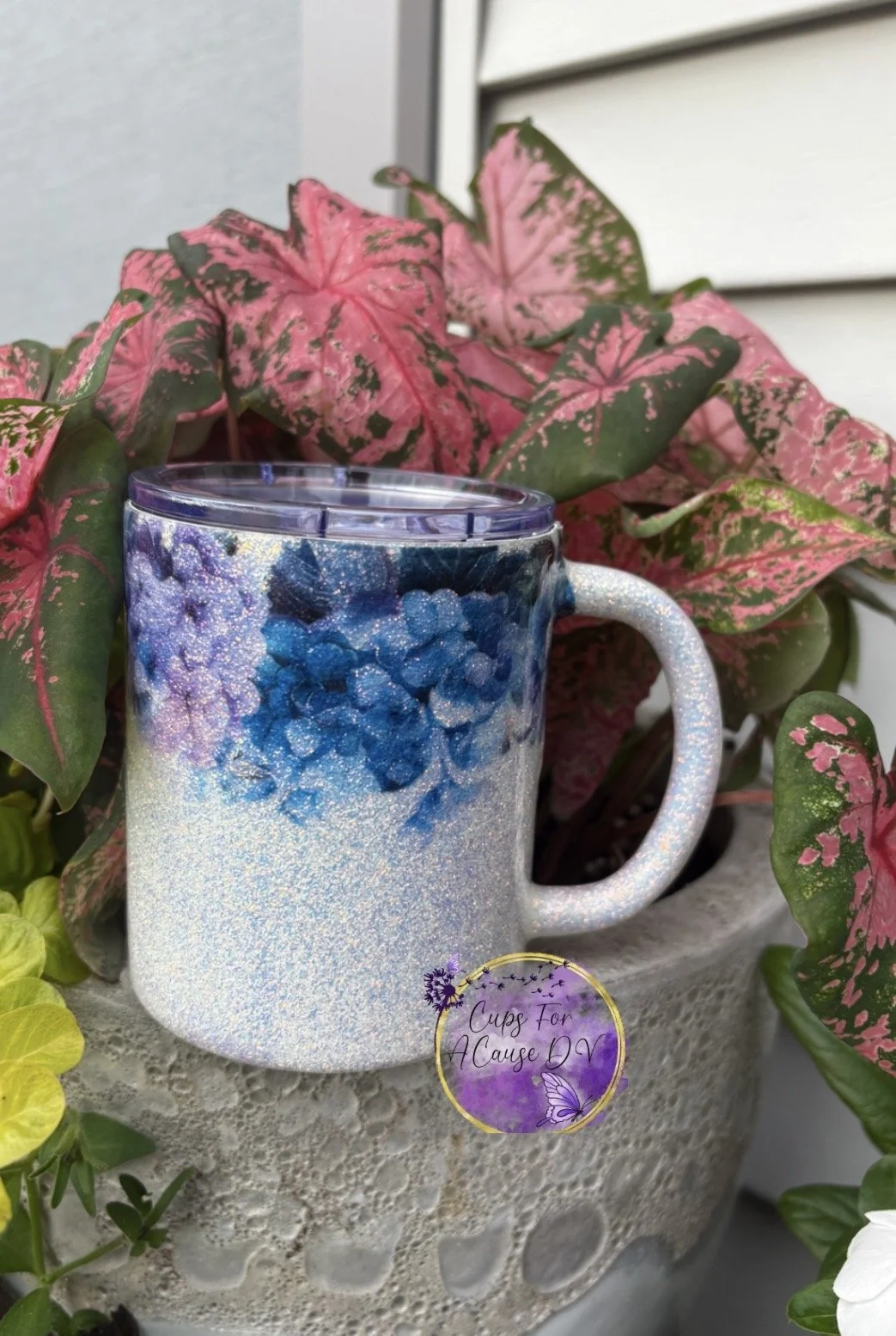 Purple and Blue hydrangea on white glittler mug