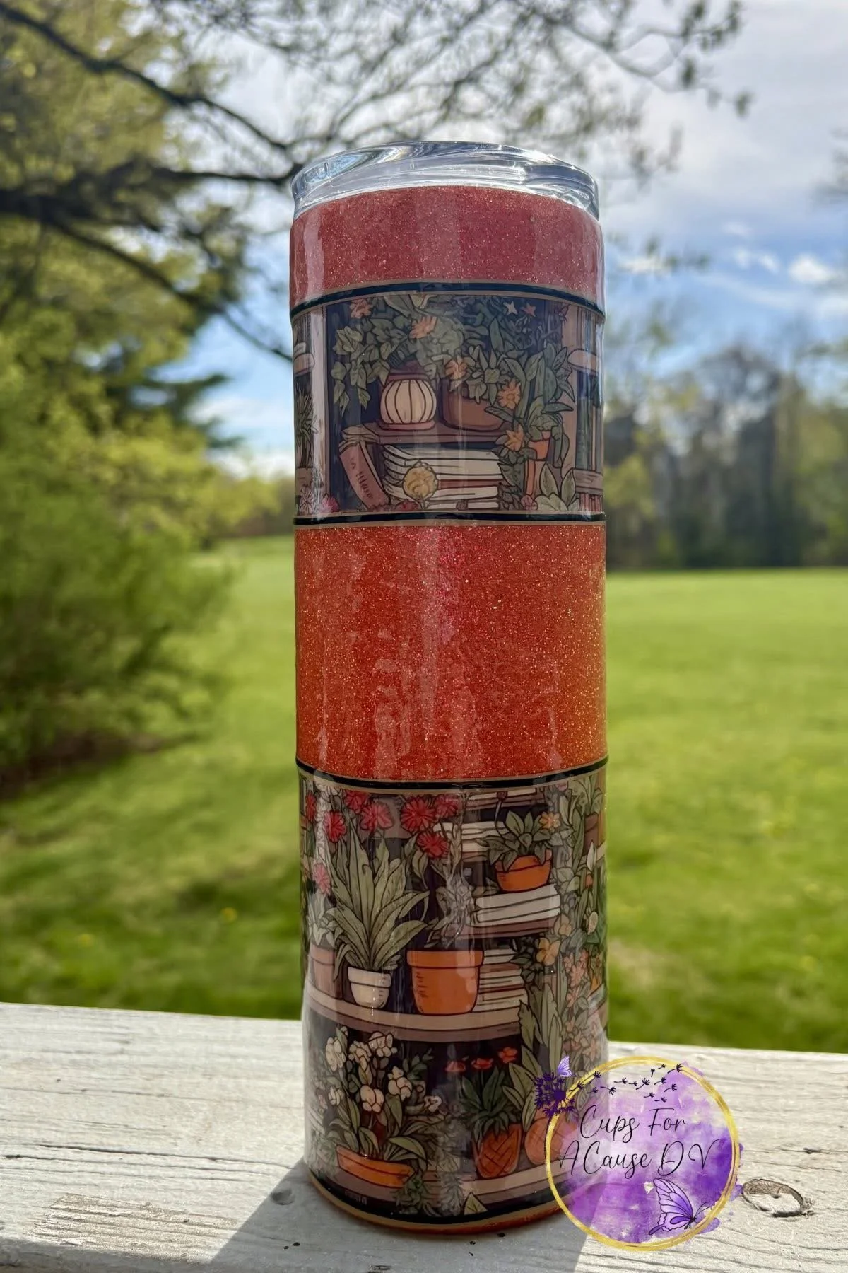 Plants and Books on red glitter 30 oz