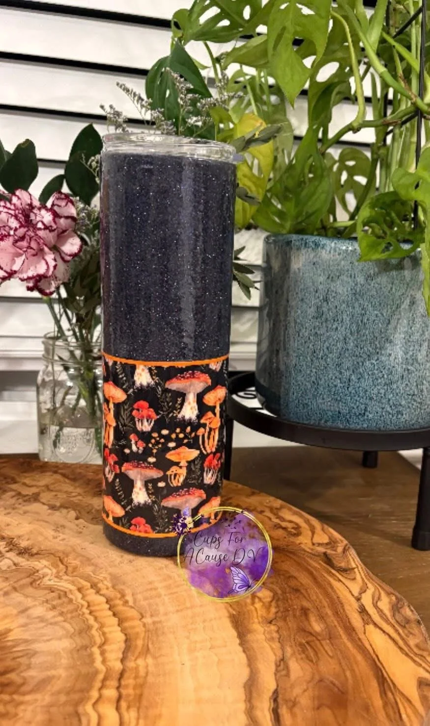 Mushroom print with black holographic glitter 30 oz