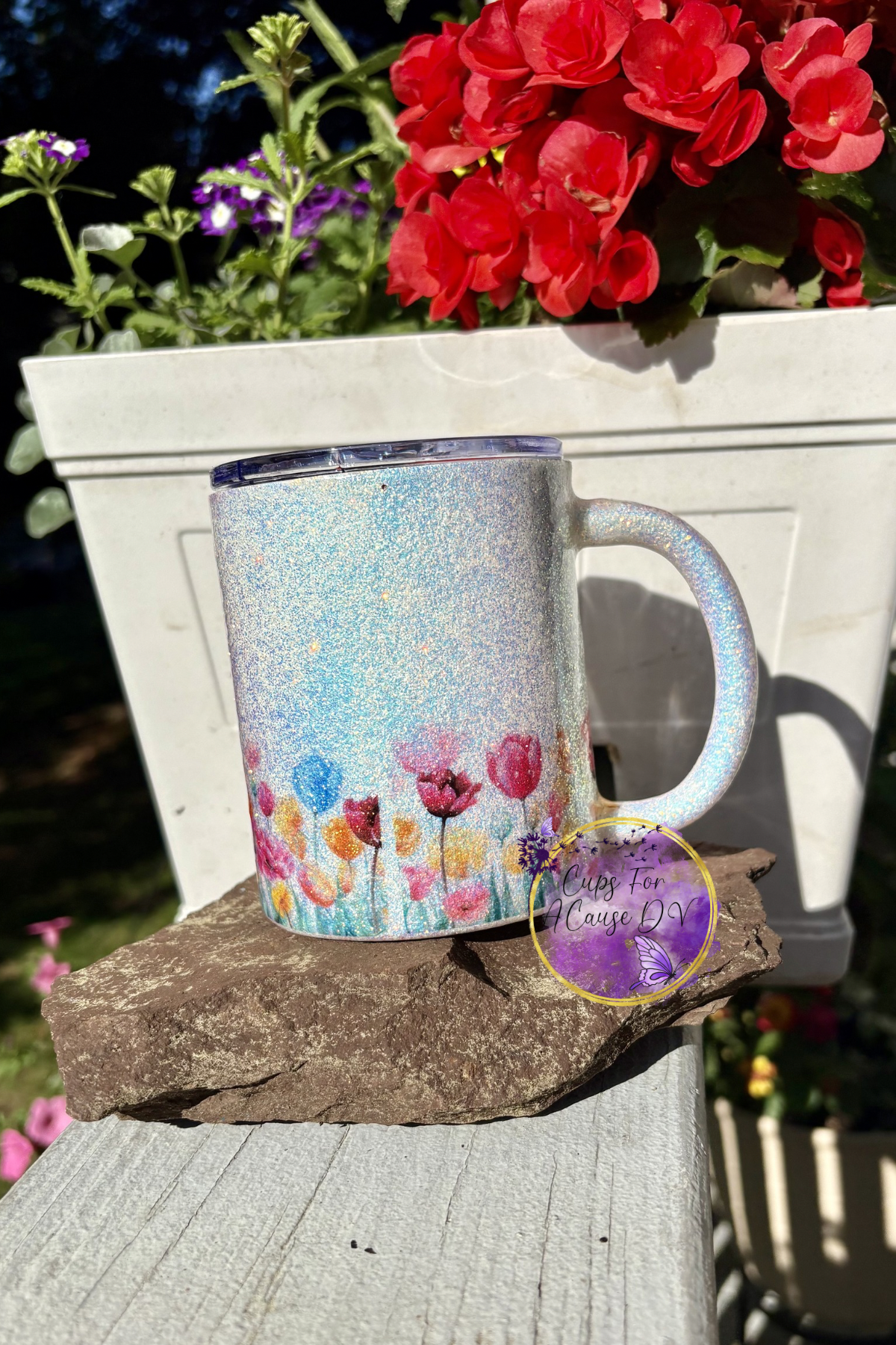 Tulips in white glitter mug