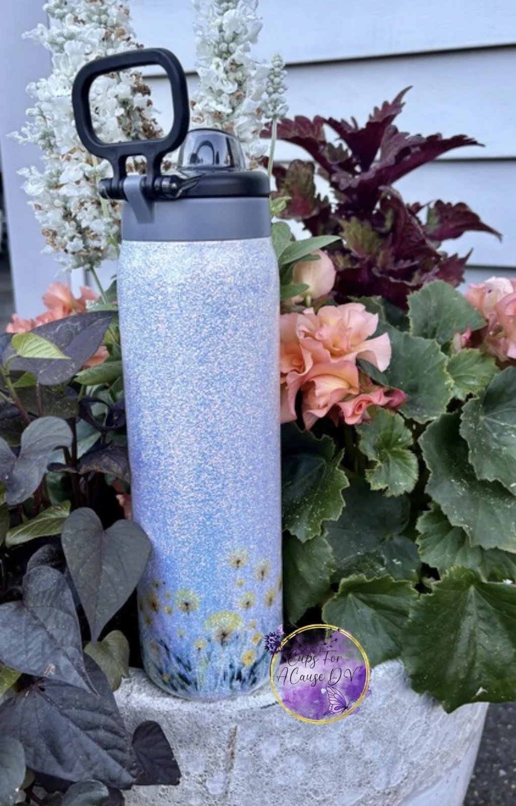 Yellow dandelion in white glitter 22 oz water bottle