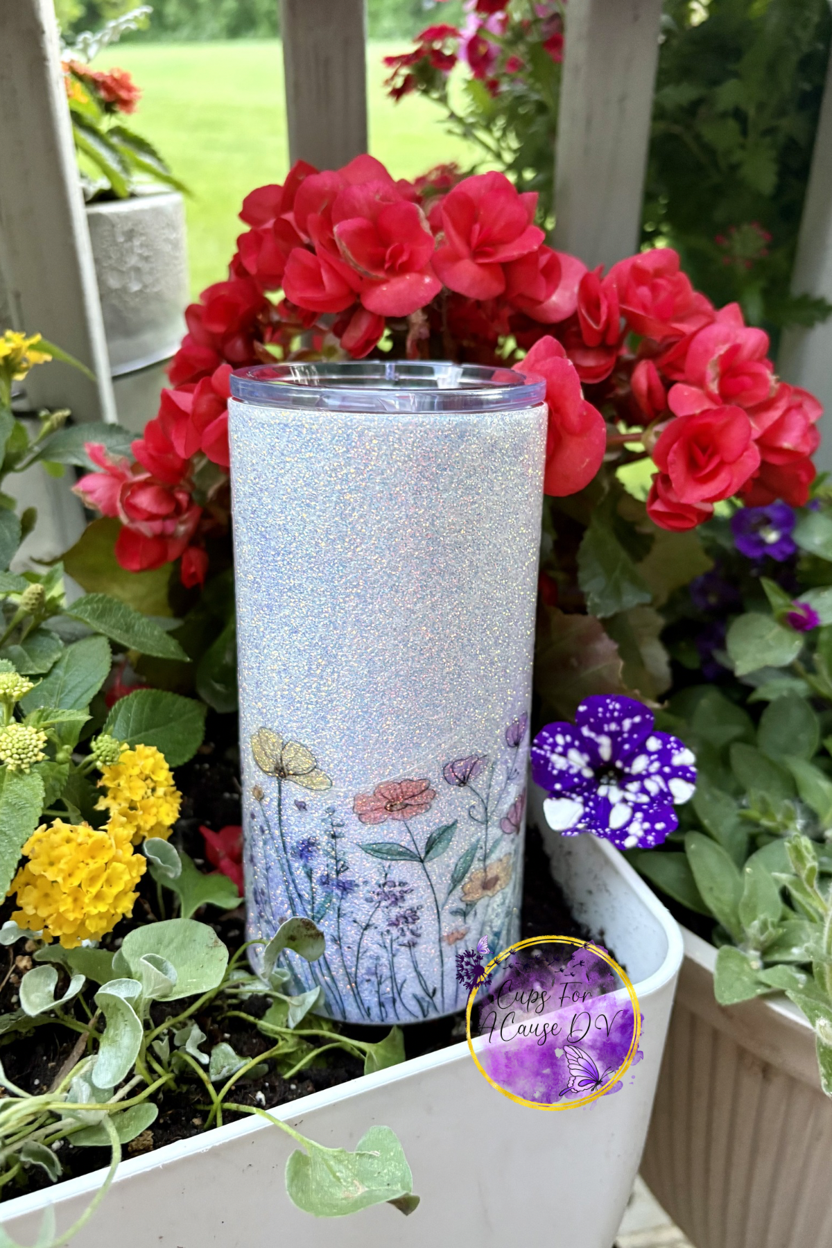 Pink, purple yellow tall flowers 16 oz