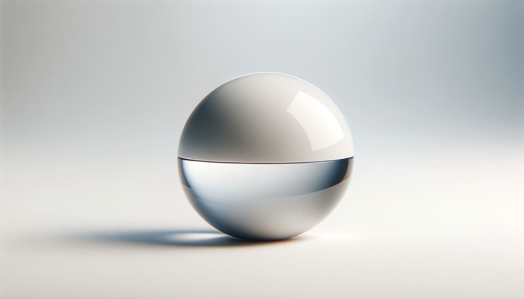 A metallic sphere with a reflective surface, divided into two halves, placed on a light surface with soft shadows, against a gradient background.