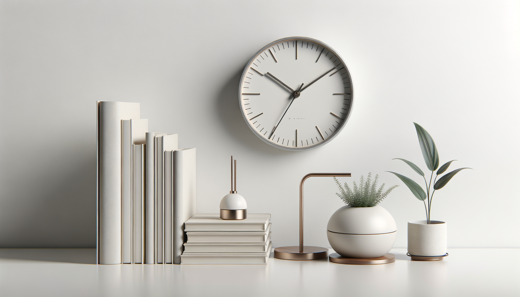 Minimalist white desk with stacked white books, a modern white and rose gold lamp, a white and rose gold round clock on the wall showing 10:10, and two potted plants in white vases on a plain white background.