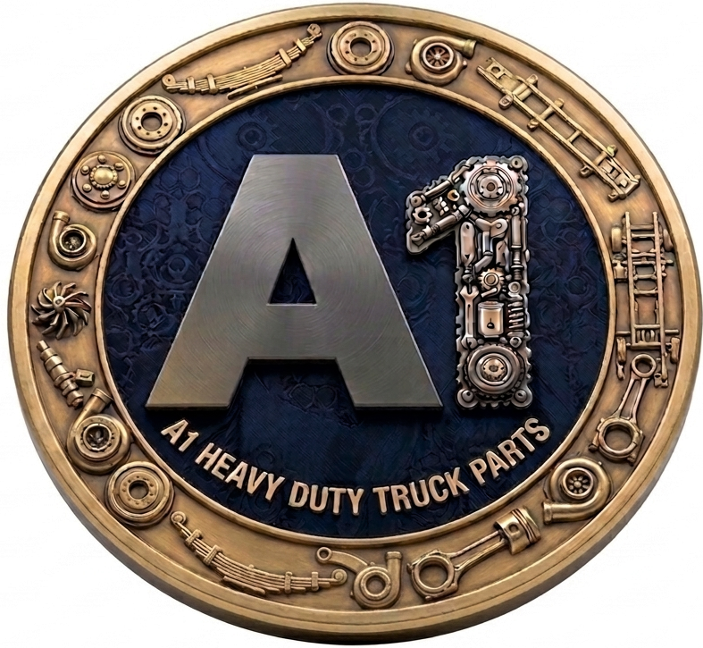 A decorative round sign featuring a large metallic letter A and heavy-duty truck parts, with the text 'A1 Heavy Duty Truck Parts' at the bottom. The border shows various truck and machinery parts.