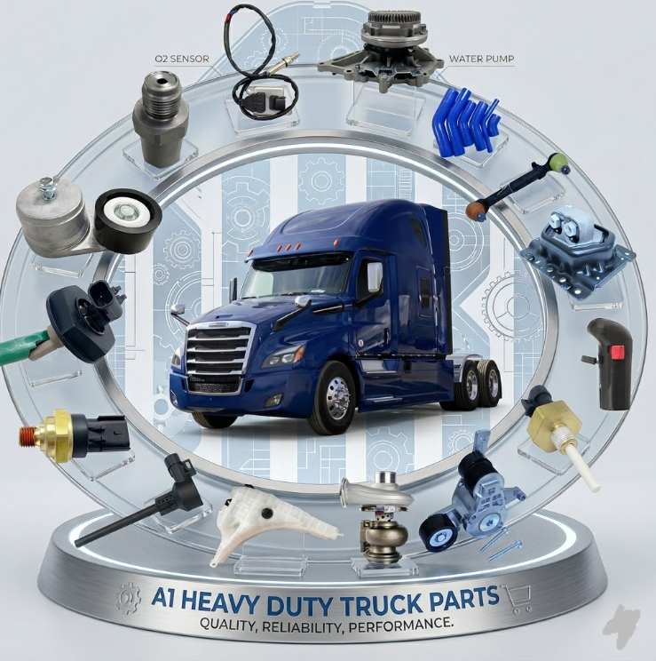 A large model of a blue semi-truck surrounded by various truck parts such as sensors, pumps, valves, and mechanical components, all displayed on a circular stand labeled 'AI Heavy Duty Truck Parts' with slogans about quality and performance.
