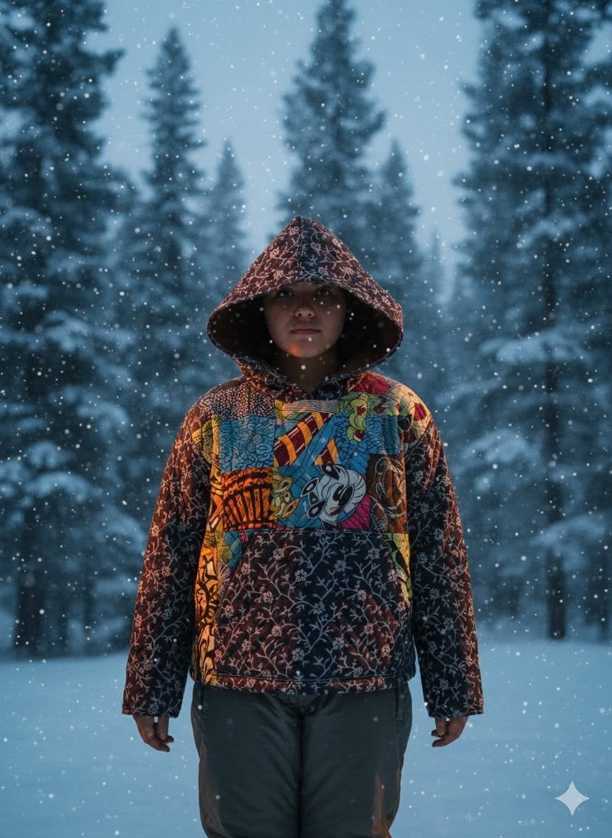 A person wearing a colorful hooded jacket with cartoon and floral patterns standing outdoors in snowy weather with pine trees in the background.