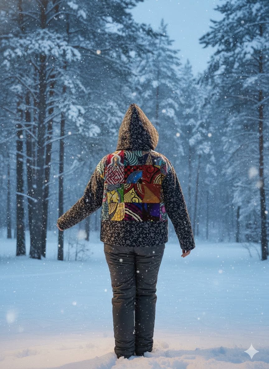 Person in a colorful patchwork hoodie and dark pants standing in a snowy forest with snow falling.