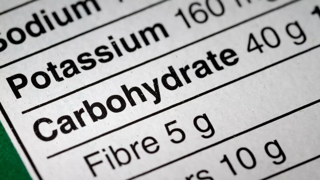 Nutrition facts table showing a food product with 5 g of fibre