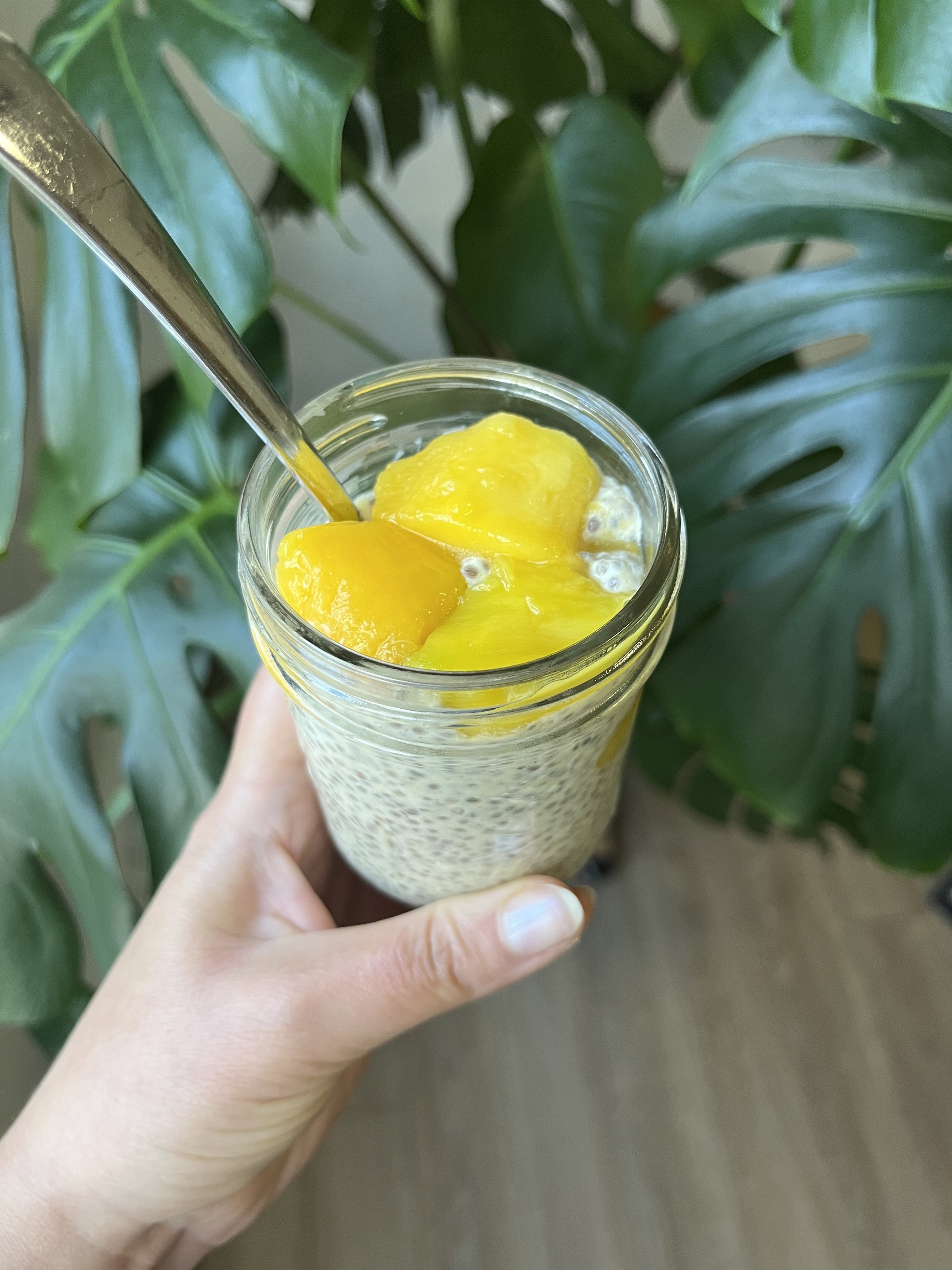 Individual jar of mango pudding