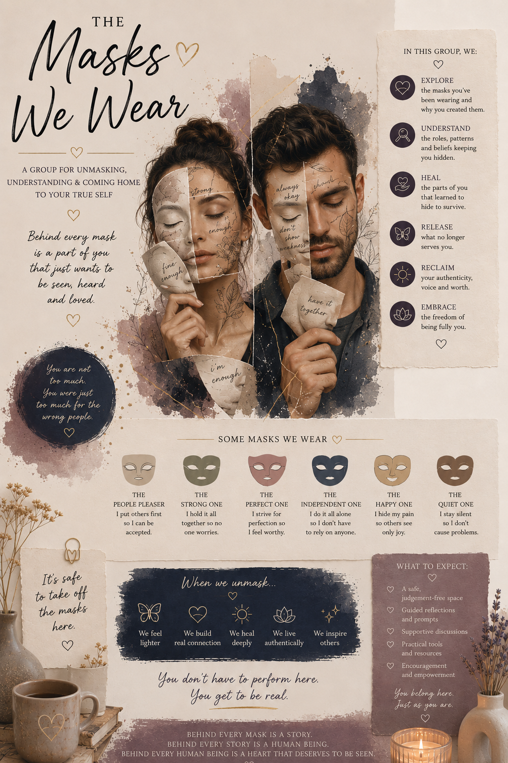 Infographic about masks people wear, featuring two individuals holding paper masks over their faces, with text about unmasking and understanding oneself, and illustrations of different mask types and their meanings.
