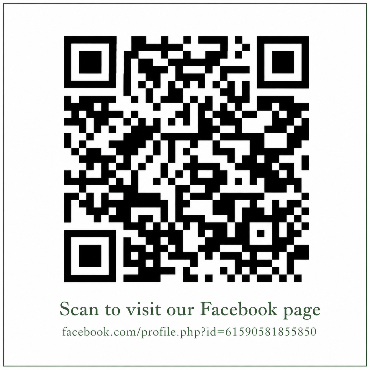 QR code with text below stating "Scan to visit our Facebook page" and a URL "facebook.com/profile.php?id=61590581855850"