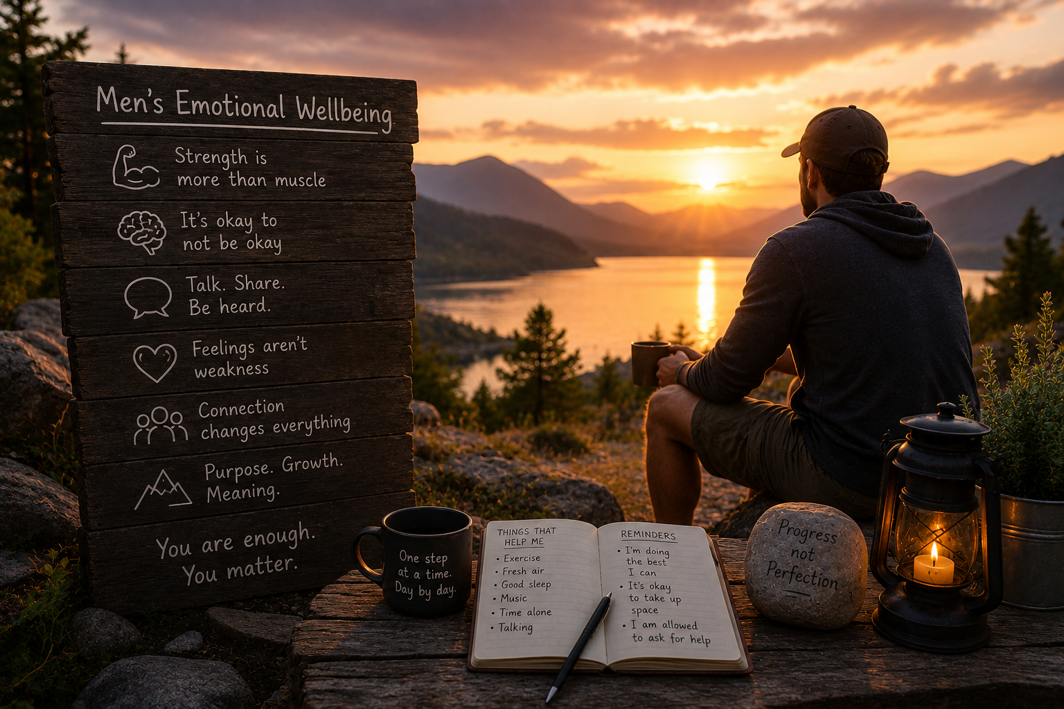A man sits overlooking a lake and mountains during sunset, holding a mug, with a large wooden sign with wellness tips, an open notebook, a lantern, and a stone with handwritten words nearby.