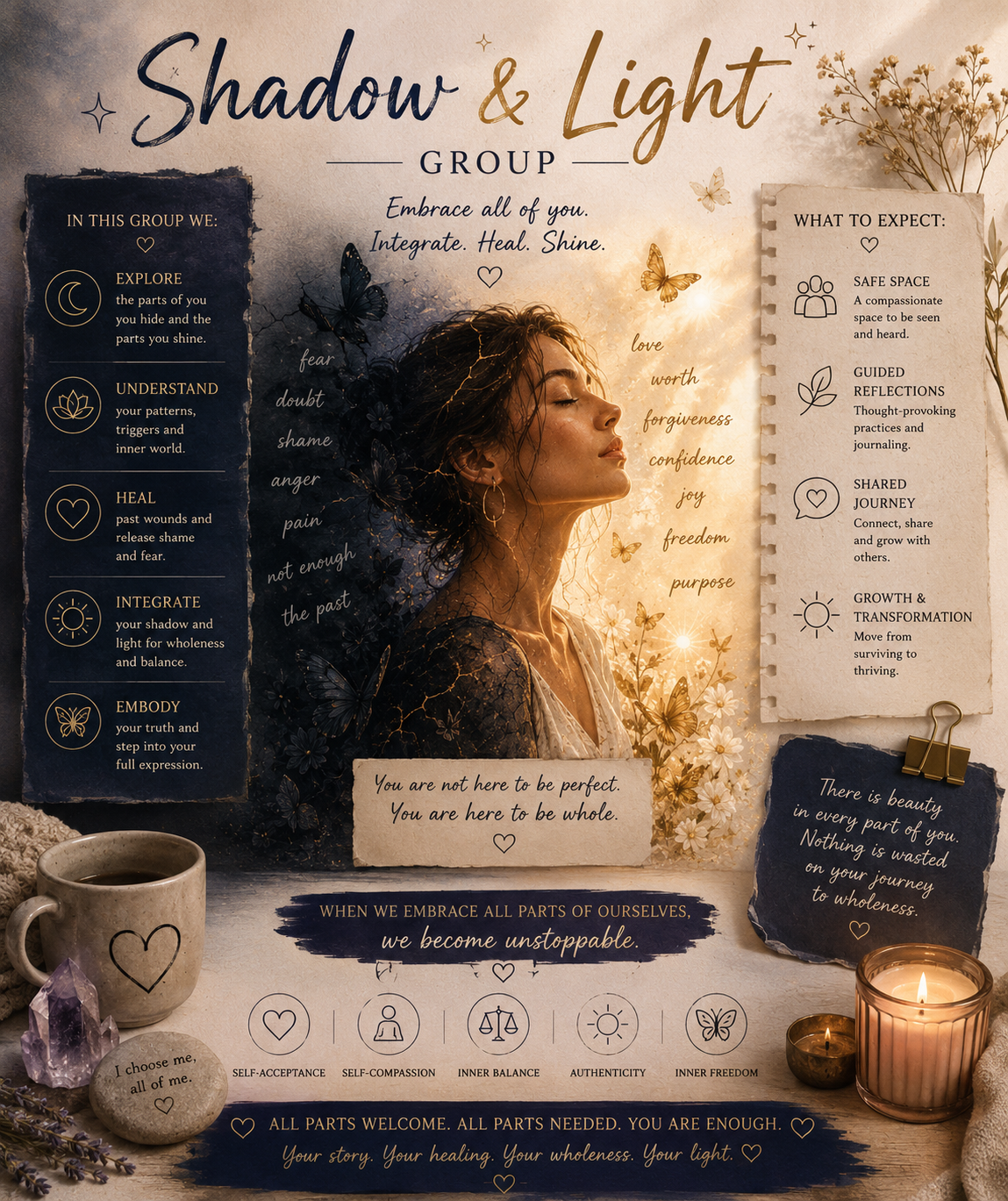 An inspirational spiritual poster with a woman's profile, surrounded by butterflies, flowers, candles, and calming colors. It includes affirmations about embracing all parts of oneself and the journey toward wholeness.