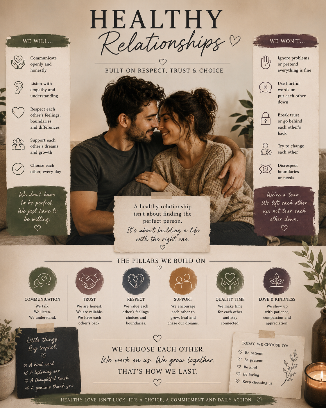 A poster titled 'Healthy Relationships' featuring a couple hugging and smiling, with sections listing principles for healthy relationships, pillars of trust, respect, support, communication, love, and kindness, along with motivational quotes and tips.