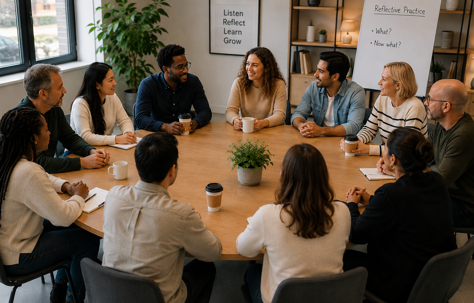 A diverse group of people sitting around a large round table in a meeting room, engaged in a discussion.
