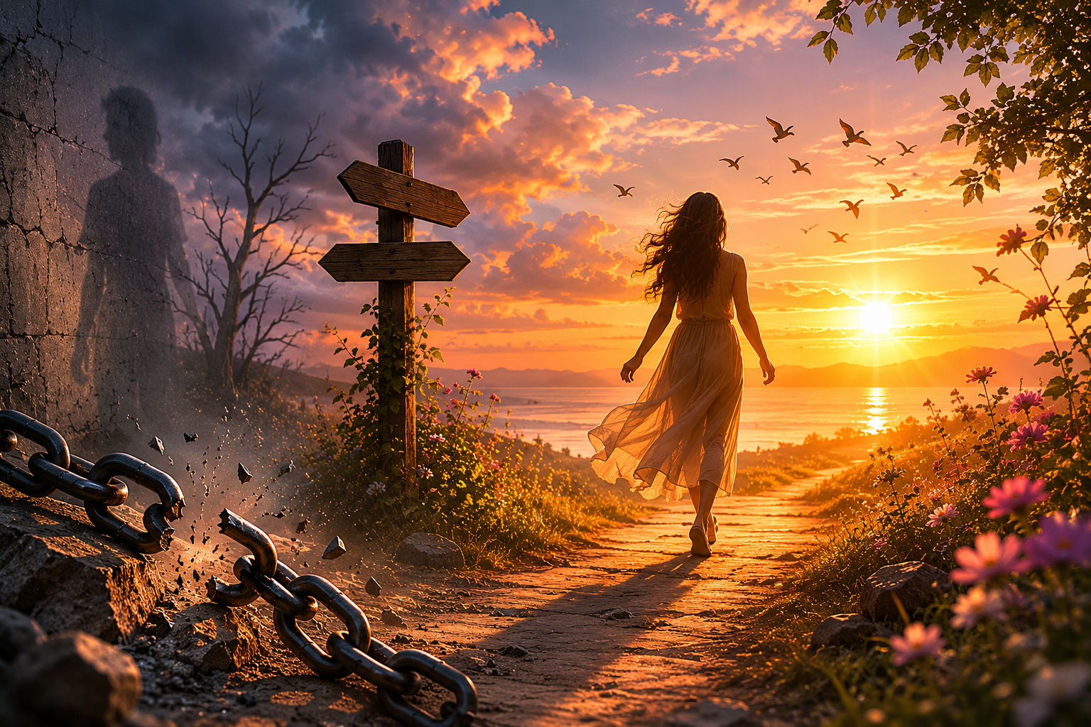 A woman in a flowing dress walking along a dirt path by the beach during a vibrant sunset, with birds flying in the sky and colorful flowers along the trail.