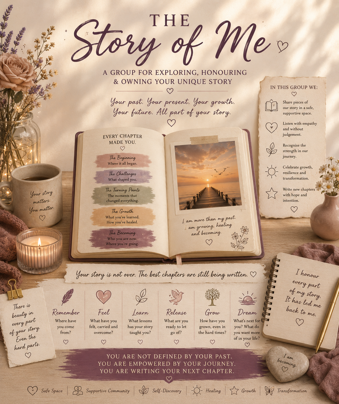 A decorative layout for a self-discovery journal or workshop titled 'The Story of Me,' featuring an open journal with written chapters, a photograph of a sunrise over a pier, candles, flowers, and notes about personal growth, support, and reflection.