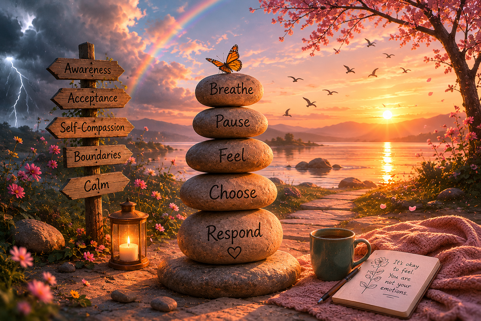 A serene lakeside scene during sunset with pink flowers, a tree with pink blossoms, and mountains in the background. There are stones stacked vertically with words like 'Respond,' 'Choose,' 'Feel,' 'Pause,' and 'Breathe.' A butterfly sits on the top stone. To the left, a wooden signpost points to 'Awareness,' 'Acceptance,' 'Self-Compassion,' 'Boundaries,' and 'Calm.' A lit candle in a lantern, a green mug, an open notebook with a handwritten note, and a blanket are also present.