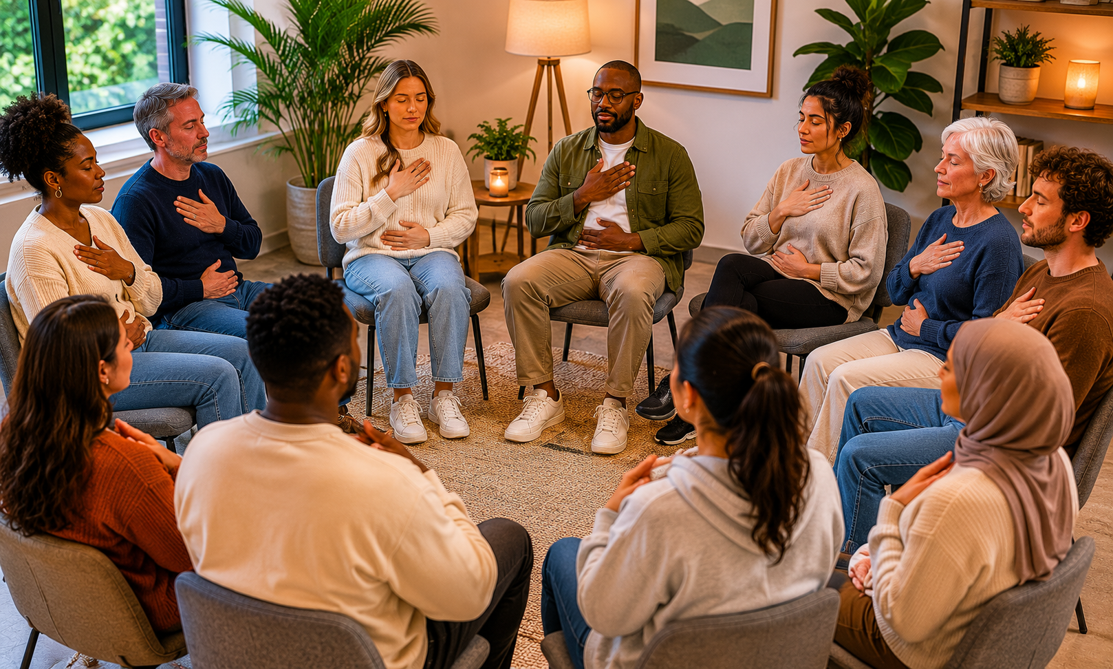 A diverse group of people sitting in a circle in a cozy room, practicing meditation or mindfulness with hands on their chests. The room has large windows, indoor plants, and warm lighting.
