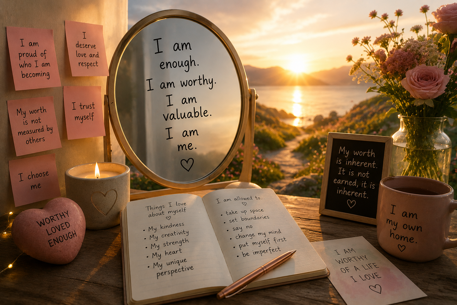 A motivational and self-love setup with a sunset view, including a mirror with handwritten text, pink notes with affirmations, a lit candle, a heart-shaped stone with 'WORTHY LOVED ENOUGH,' an open journal with list of things loved about oneself and allowed actions, a small chalkboard with affirmations, a pink mug, and a vase of pink flowers.