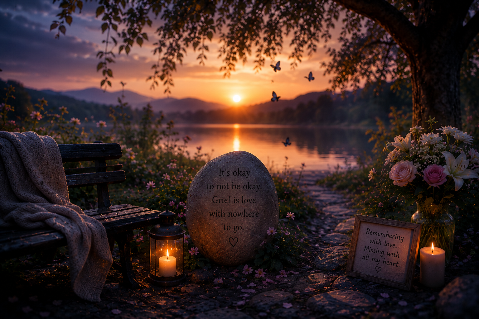 A memorial scene by a lake at sunset with a bench, a blanket, candles, flowers, and stones with inscriptions, surrounded by butterflies and trees.