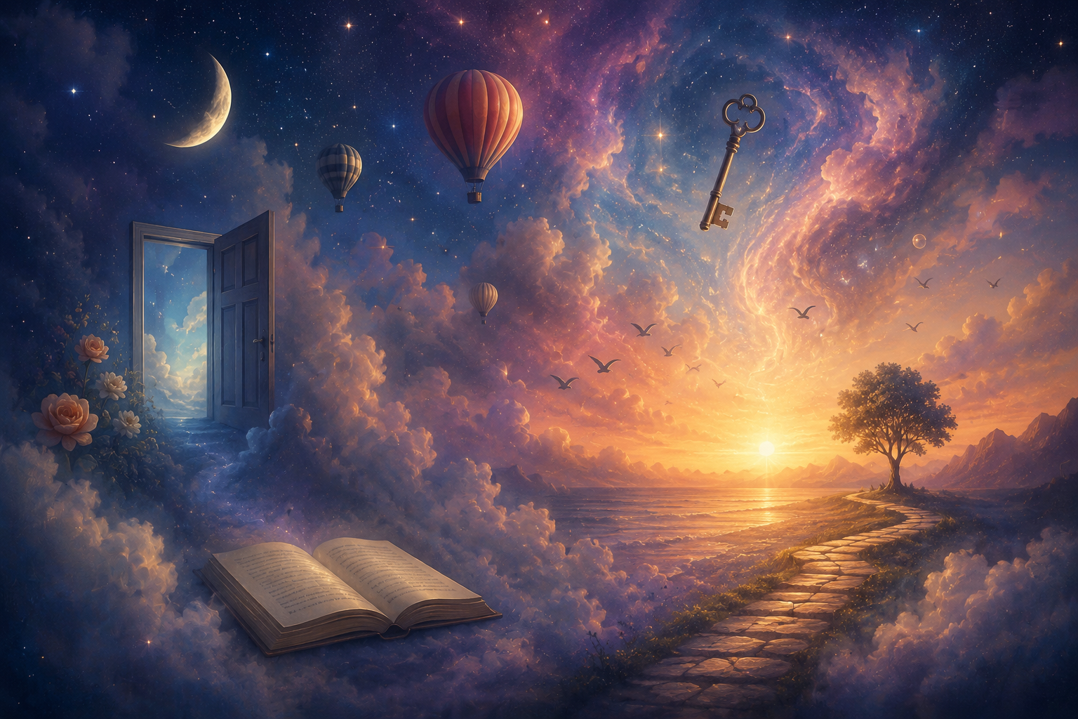 A surreal fantasy scene featuring a glowing sunset over a body of water, a tree on a hill, a stone path, floating hot air balloons, a moon in the sky, an open book, a door opening into the sky, and a large key flying in the clouds.