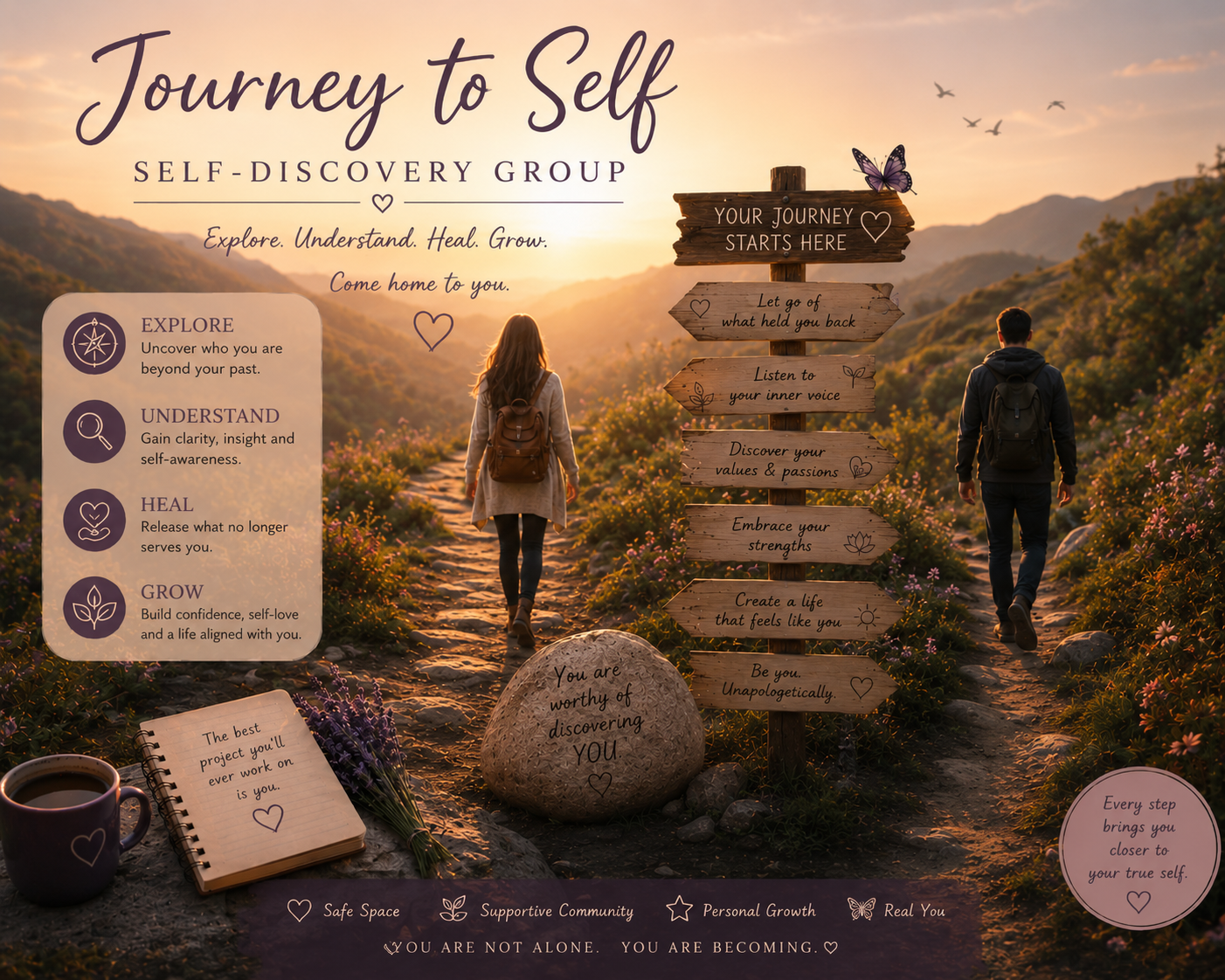 A scenic hiking trail at sunset with a woman and a man walking towards the horizon. An inspiring signpost with phrases about personal growth and self-discovery stands on the trail, surrounded by flowering bushes. A journal, a cup, and a bouquet of flowers are on the ground in the foreground. The image promotes self-exploration and emotional healing.