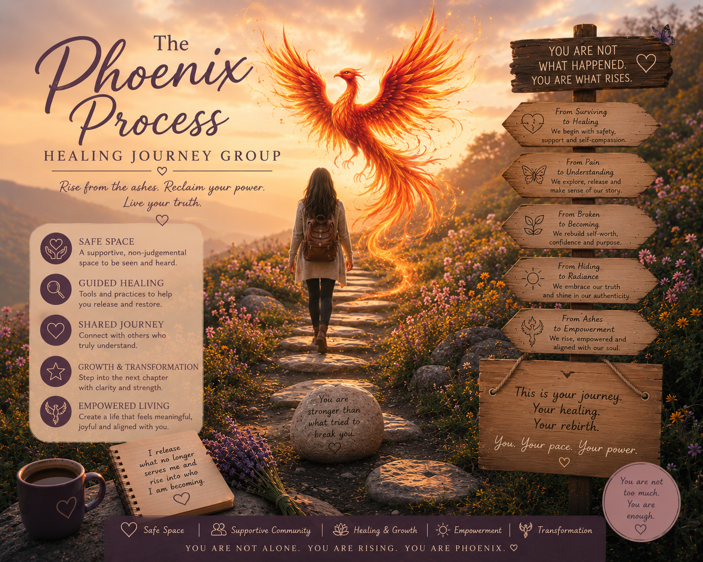 A woman walking on a stone path in a colorful field at sunset, with a fiery phoenix rising in the sky. Various inspirational quotes and healing journey information are displayed around her.