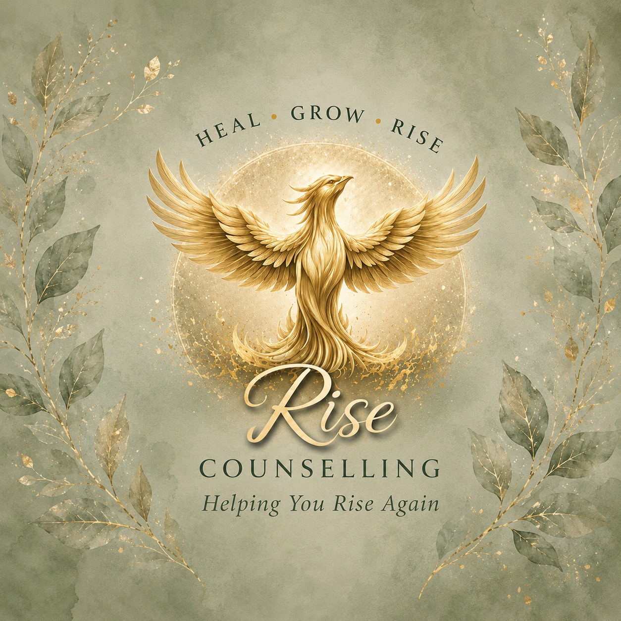 A golden phoenix with outstretched wings set against a glowing circular background with leaves on the sides. Text reads 'Heal Grow Rise', 'Rise Counseling', and 'Helping You Rise Again'.