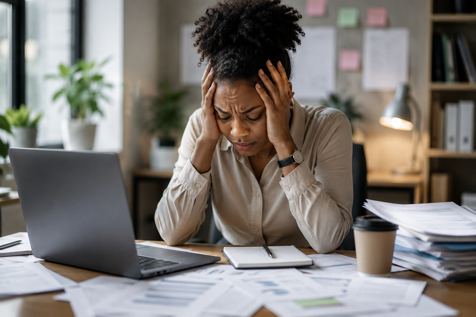 A woman sitting at her desk holding her head with her hands, appearing stressed or overwhelmed with paperwork, a laptop, documents, and a coffee cup on the desk.