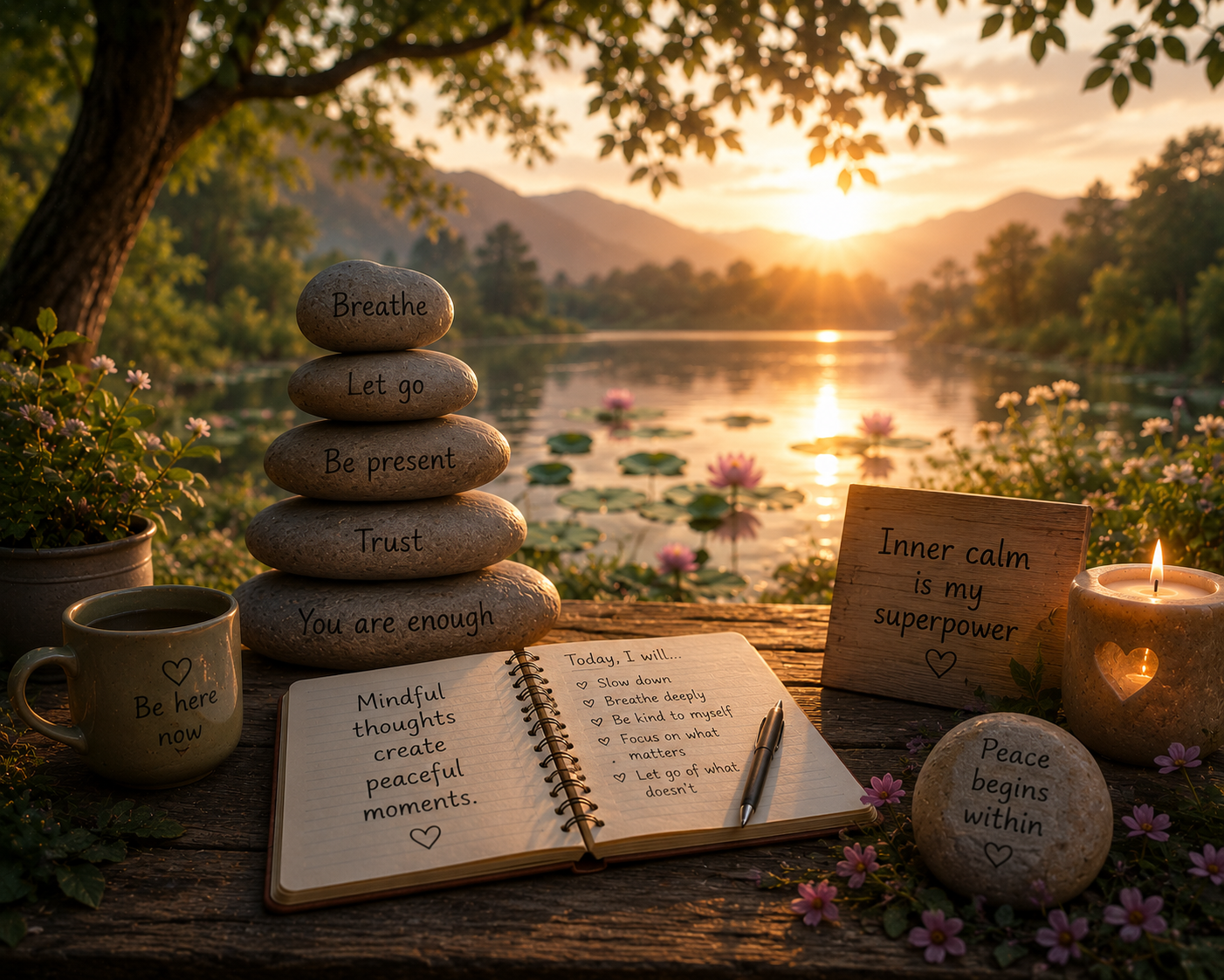 A serene outdoor scene at sunset with a river and mountains in the background, featuring a stack of five stones with words: 'Breathe,' 'Let go,' 'Be present,' 'Trust,' 'You are enough.' On a wooden table, there are a coffee mug labeled 'Be here now,' a lit candle, a small wooden sign saying 'Inner calm is my superpower,' a round stone with 'Peace begins within,' an open journal with mindful thoughts, and some pink water lilies among greenery.