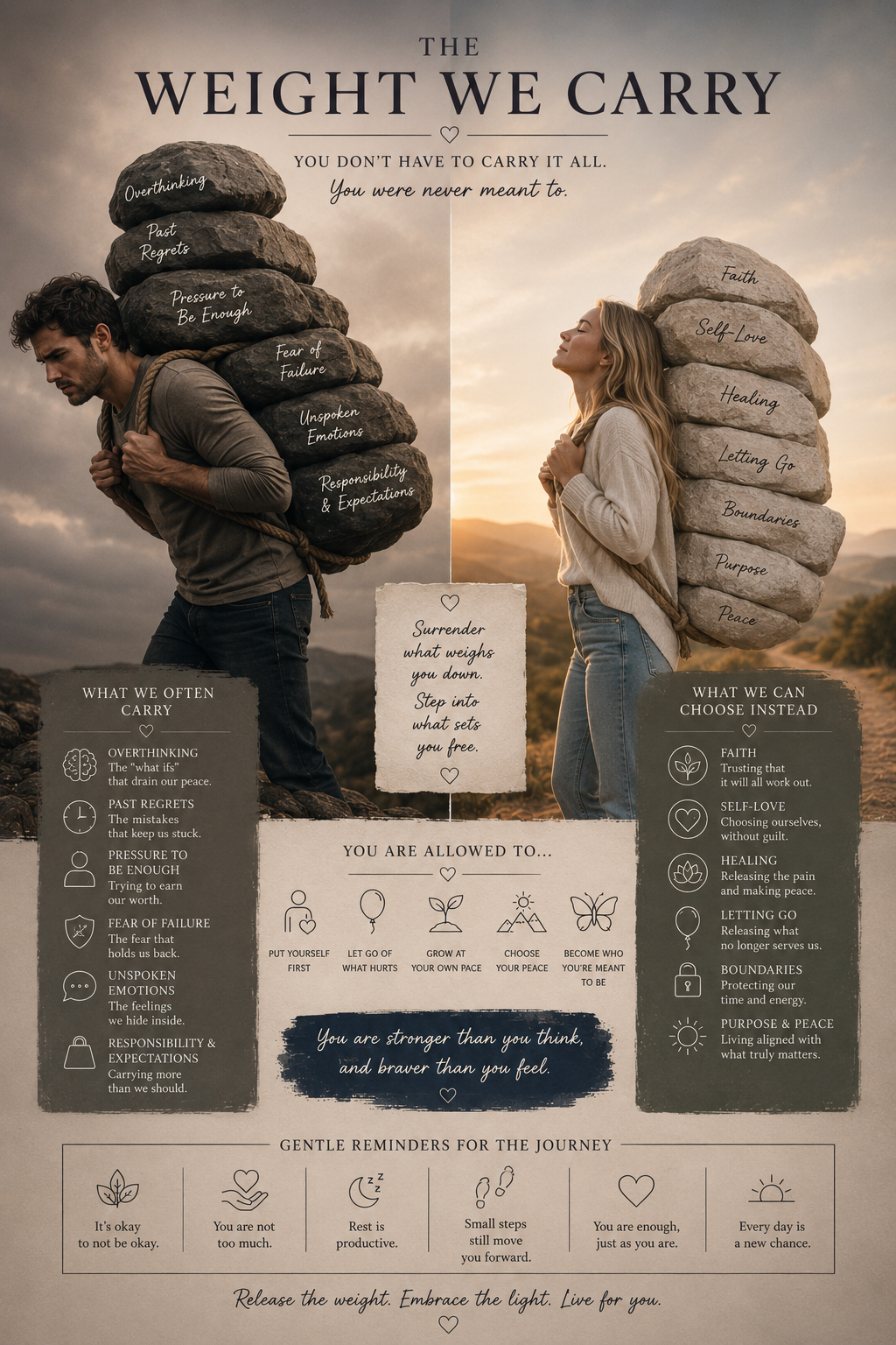 An infographic comparing burdensome and empowering ways of carrying emotional weight. On the left, a man carries large rocks labeled with negative thoughts and feelings like overthinking, past regrets, and fear of failure. On the right, a woman carries smaller rocks labeled with positive attributes like faith, self-love, and peace. The image encourages surrendering unnecessary burdens and choosing healthier mindset options.