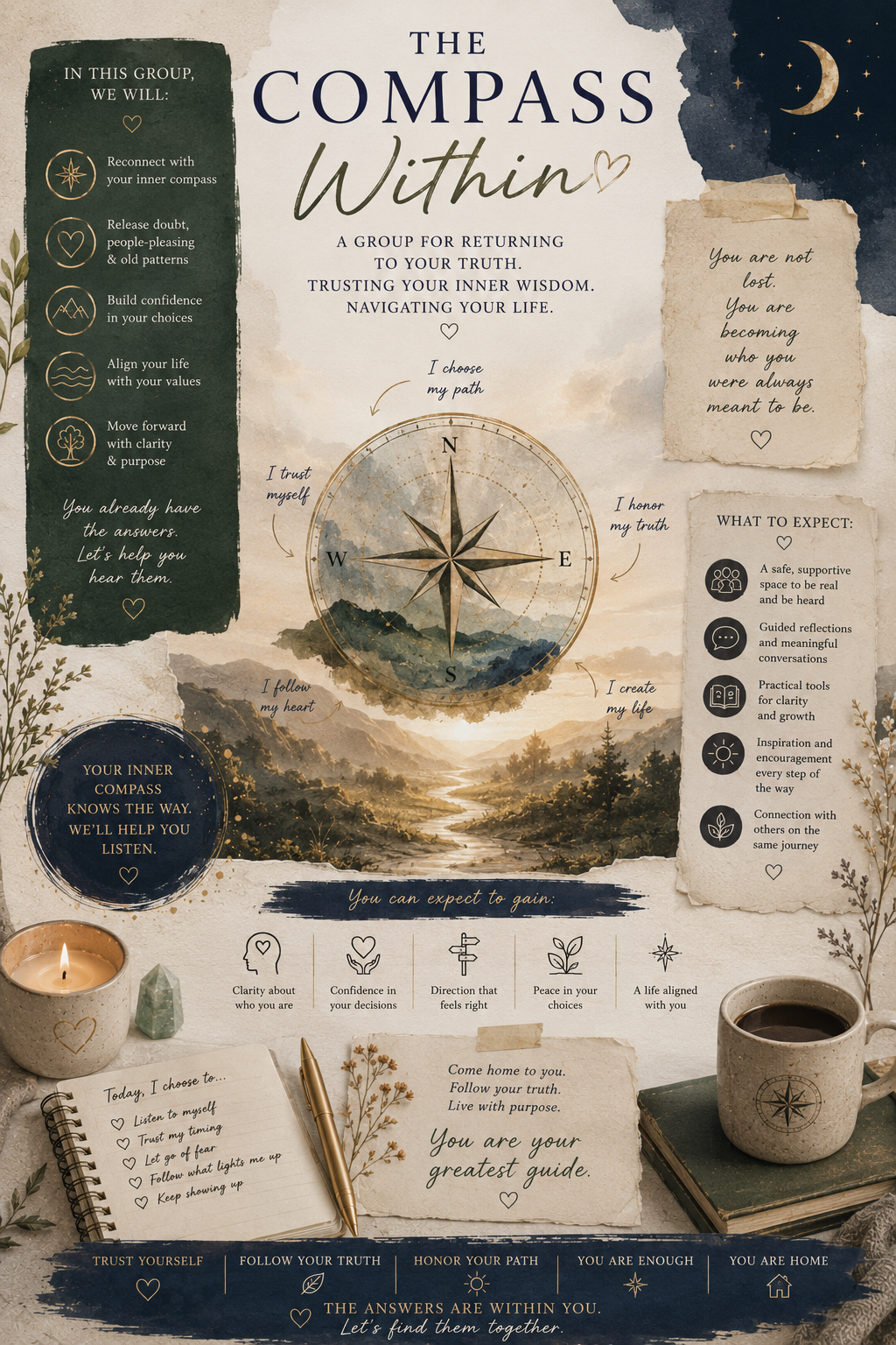 An inspirational graphic with a compass design at the center, surrounded by mountains and a river scene. The image features motivational messages, a small notebook, a cup of coffee, a lit candle, and decorative elements like plants and stars, with guidance for inner self-discovery and trust.