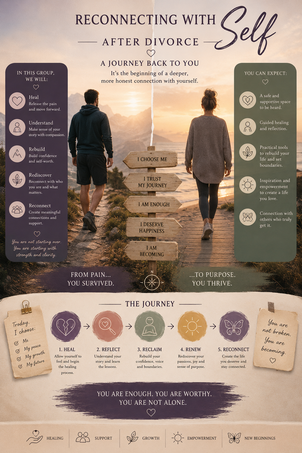 An illustrated infographic titled "Reconnecting with Self after Divorce: A Journey Back to You." It features a man and a woman walking along a path at sunset. In the center, there are wooden signs with affirmations: "I choose me," "Trust my journey," "I am enough," "I deserve happiness," and "I am becoming." The infographic includes sections on healing and growth, outlining five steps: Heal, Reflect, Reclaim, Renew, and Reconnect. There are notes about starting over with strength and clarity and a message emphasizing worthiness and support.