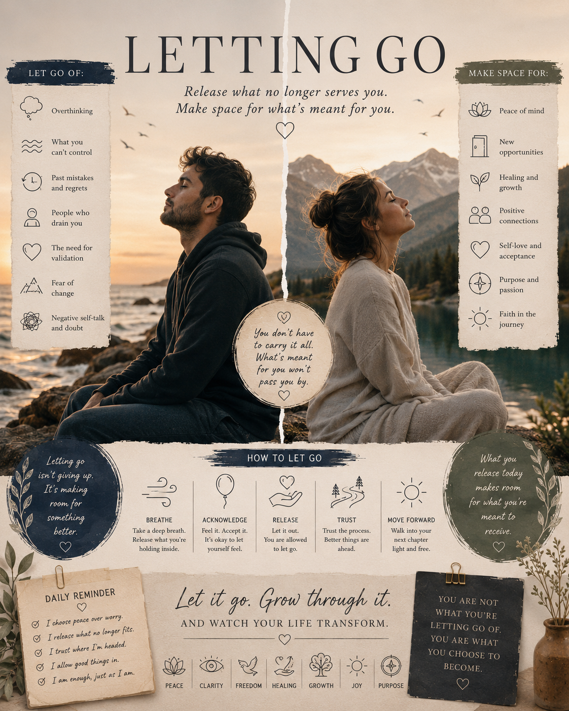 A serene outdoor scene with a man and woman sitting back-to-back near a lake at sunset, with mountains and trees in the background. Overlaid on the image are inspirational text and icons about letting go and personal growth.