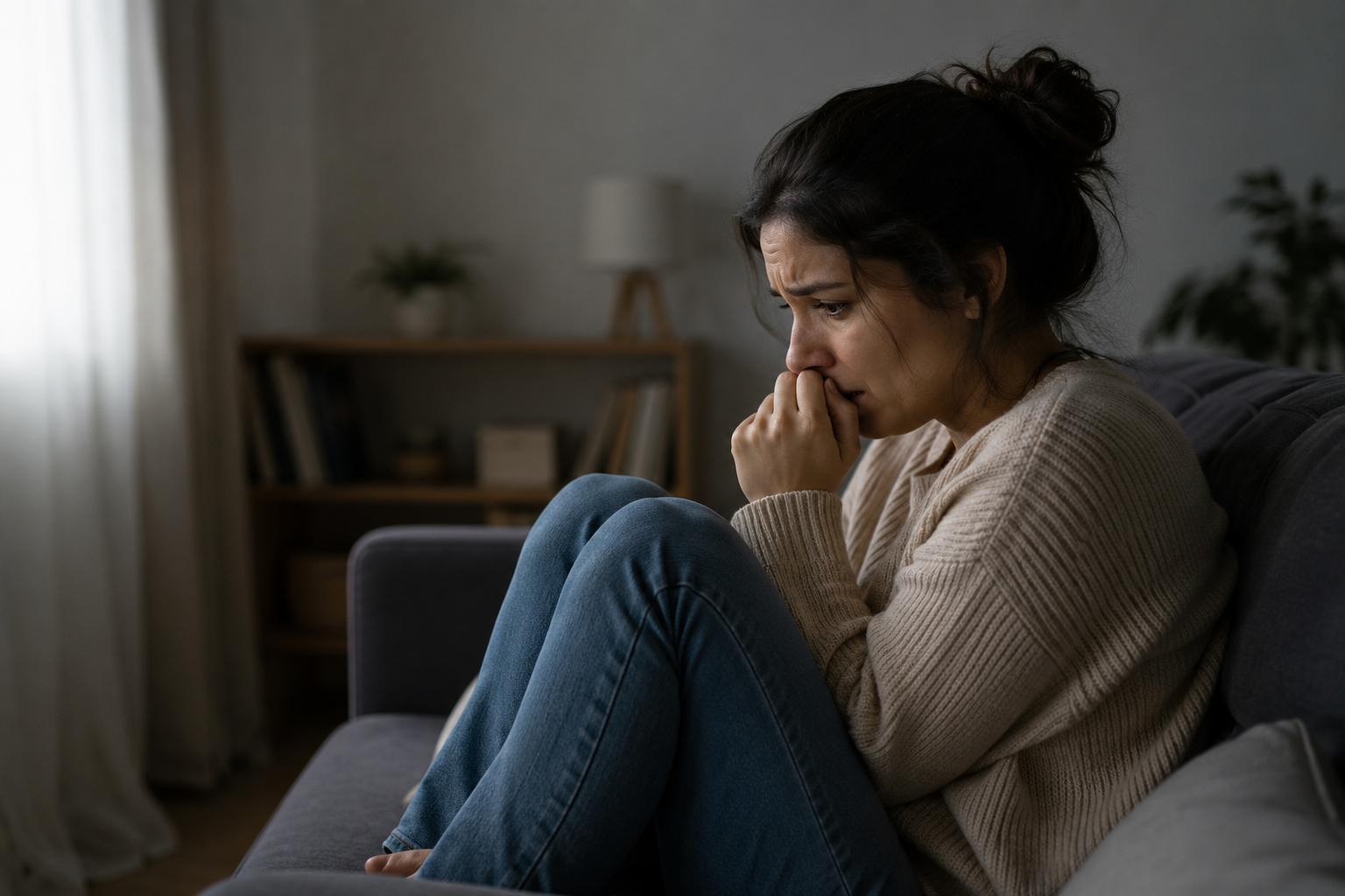 Woman sitting on a couch, looking distressed, with her hand covering her mouth, in a living room with a bookshelf and plants in the background.