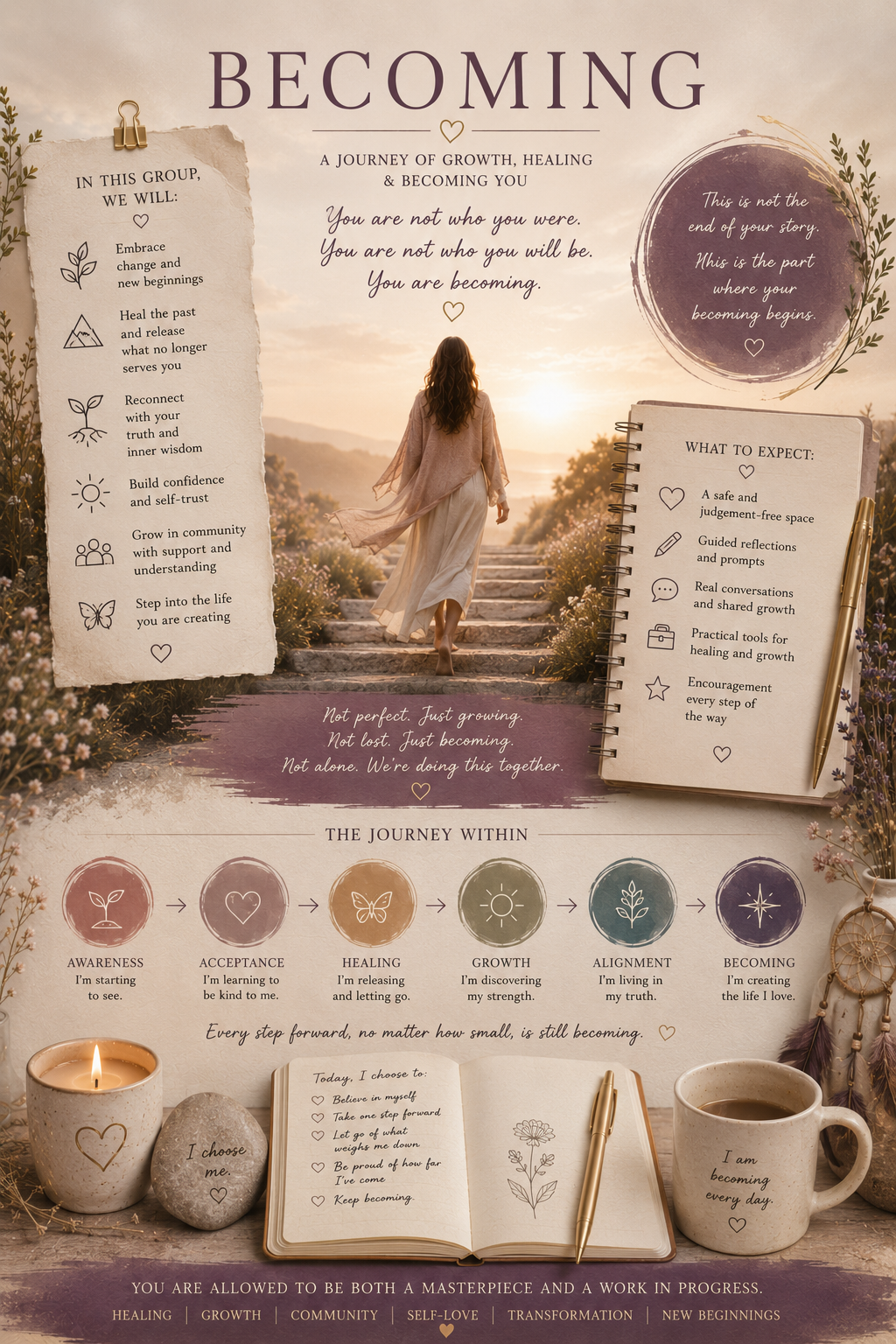 An inspirational poster featuring a woman walking up stairs in a natural landscape during sunset, with text about growth, healing, and becoming oneself. It includes sections on group goals, expectations, and the journey within, with decorative elements like flowers, a candle, a coffee mug, and motivational quotes.