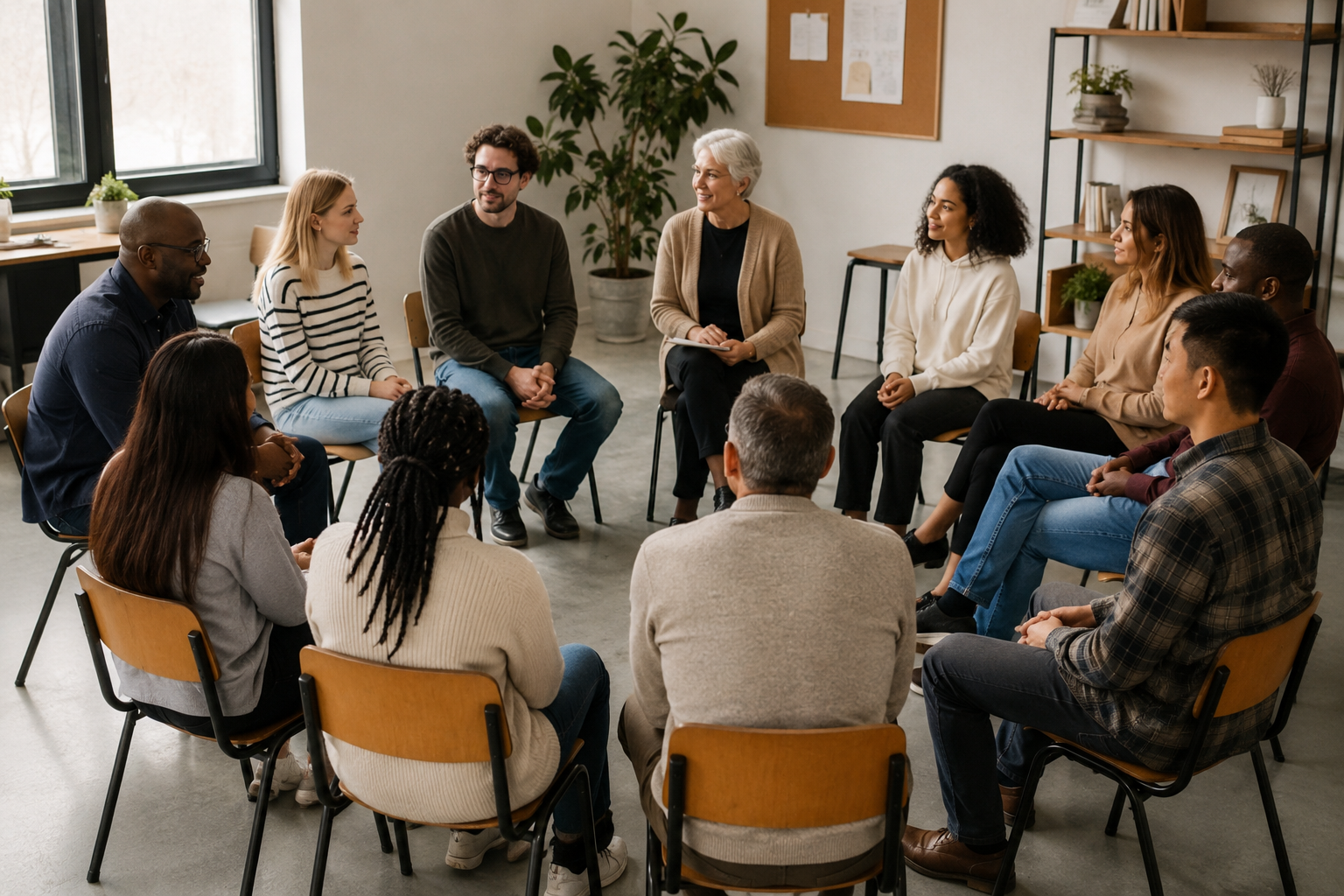 Group of diverse people sitting in a circle participating in a discussion or support group in a well-lit room with plants and shelves.