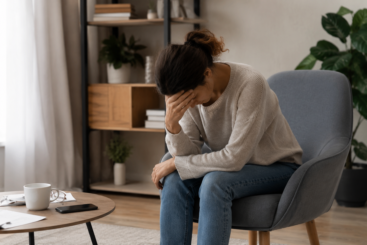 A woman sitting in a gray armchair, holding her head with one hand and appearing distressed in a living room with a wooden bookshelf and plants.