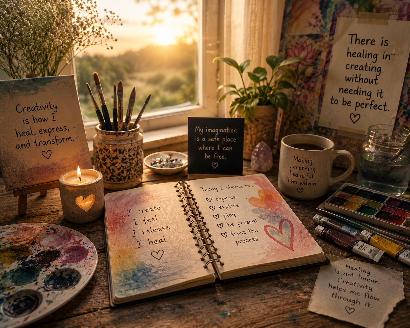 A cozy workspace with watercolor paintings and writings about creativity, healing, and imagination. Includes art supplies, a lit candle, a coffee mug, and notes with inspirational messages near a window with a sunset view.