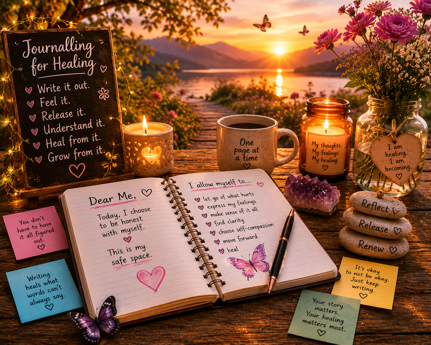 A serene outdoor scene at sunset with a journal, candles, flowers, and inspirational quotes for healing and self-care, over a wooden table near a body of water and mountains.