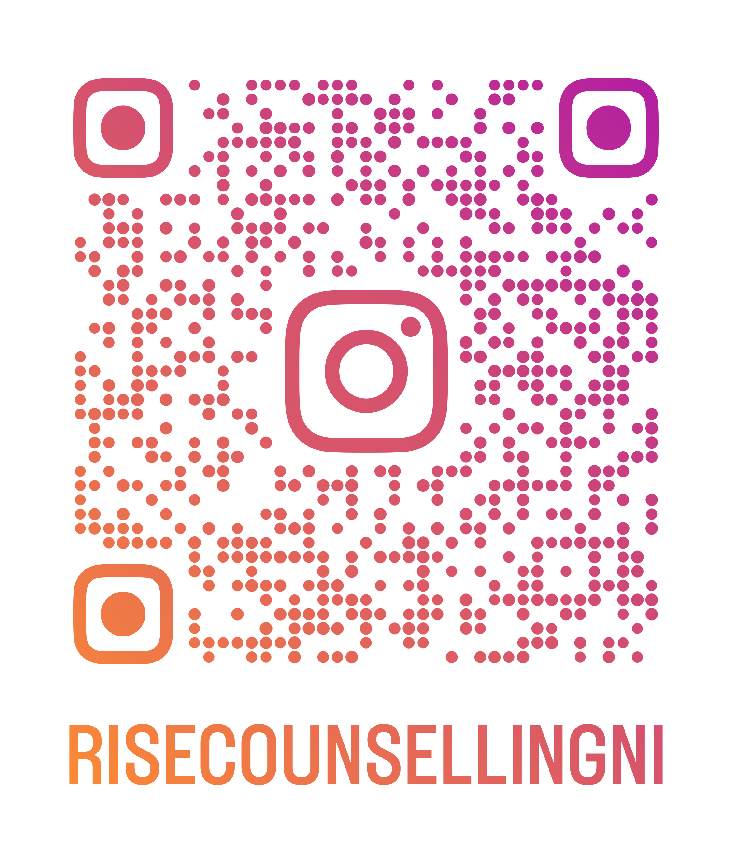 Stylized Instagram QR code in gradient pink, purple, orange dots with Instagram logo icons, and the text 'DISCOUNSELLING'.
