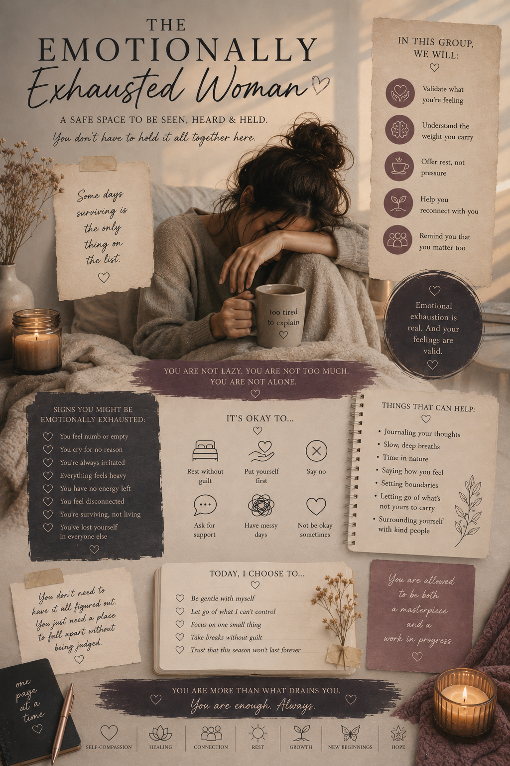 A woman resting with a cup, surrounded by notes and signs about emotional exhaustion and self-care, in a cozy setting with candles and dried flowers.
