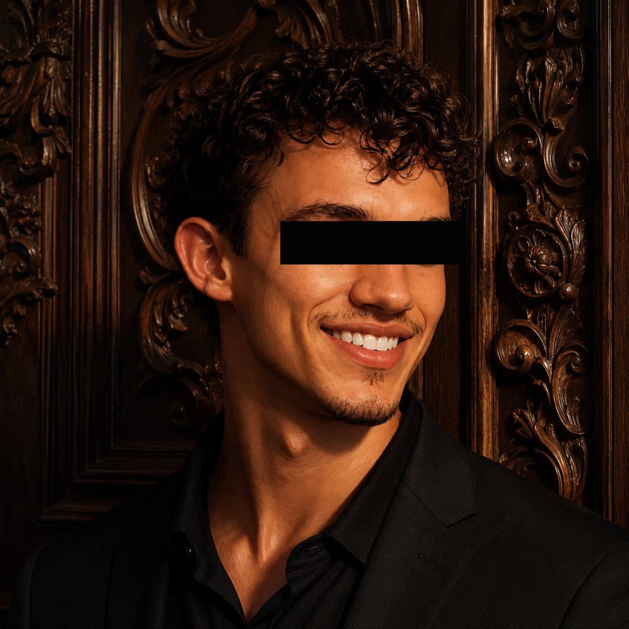 A smiling man with curly dark hair and facial hair, wearing a black suit, standing in front of an ornate wooden wall.