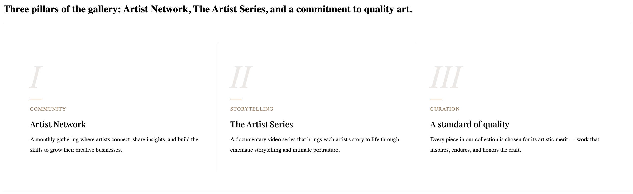 Fusion Fine Art gallery's 'Three pillars of the gallery: Artist Network, The Artist Series, and a commitment to quality art.'