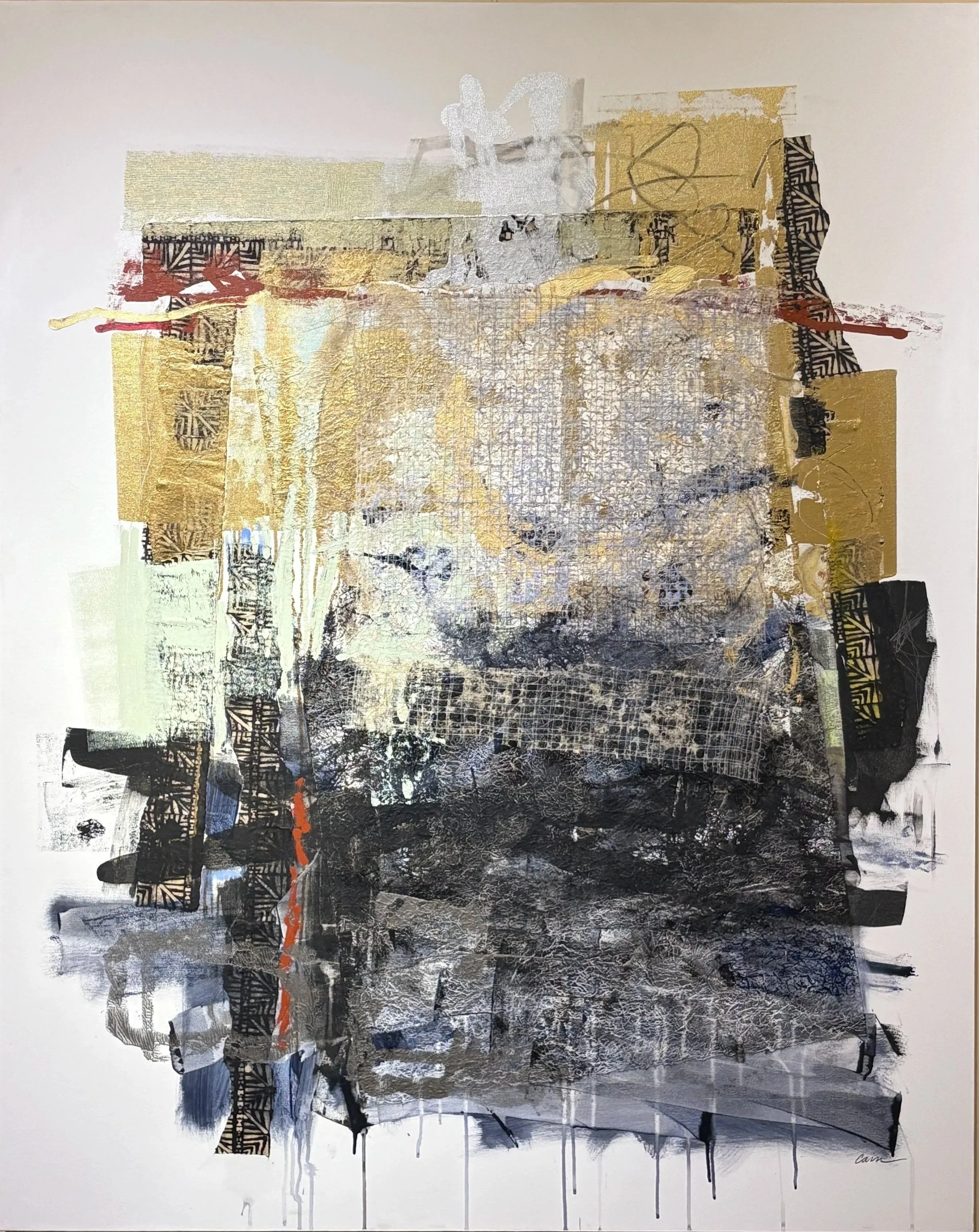 Pat Cain's abstract mixed media artwork with dominant black, gold, white, and red colors featuring layered shapes, patterns, and textures - featured in the Fusion Fine Art gallery.